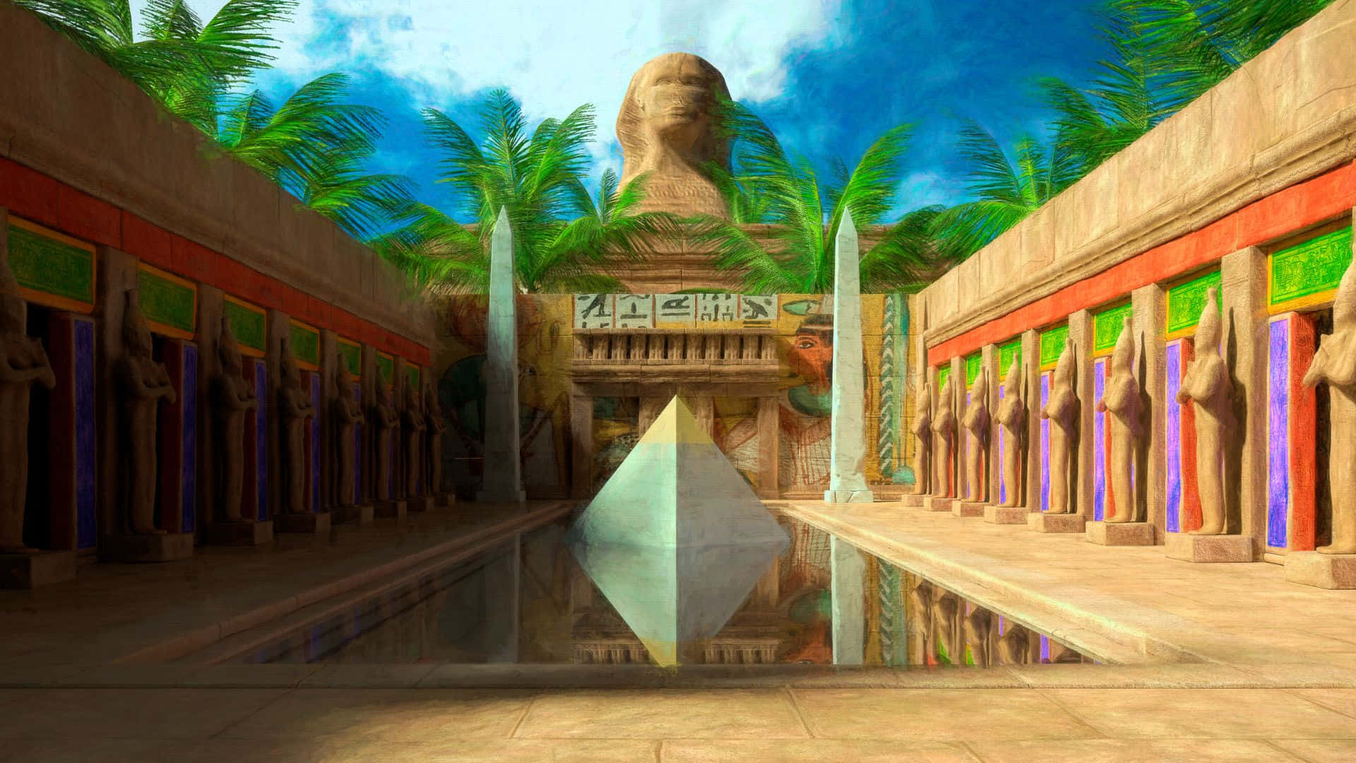 egyptian 桌布 壁紙 — 一個宏偉的埃及神廟庭院，方尖碑和雕像兩旁種植棕櫚樹，上方是明亮的藍天。