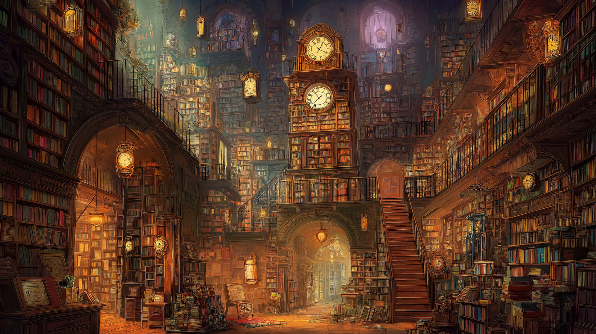 Enchanting Infinite Library with Towering Clocks and Stairs 壁紙 — 一個宏偉的多層圖書館，充滿高聳的書架、溫暖的燈籠和一個在金色光芒中閃耀的中央鐘樓。