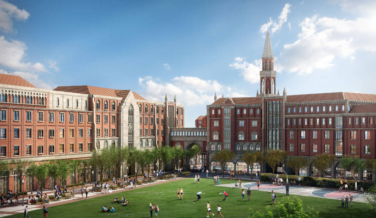 University Of Southern California 桌布 壁紙 — 一個宏偉的大學校園，擁有紅磚哥德式建築和中央綠色草坪，在明亮的藍天下學生熙熙攘攘。