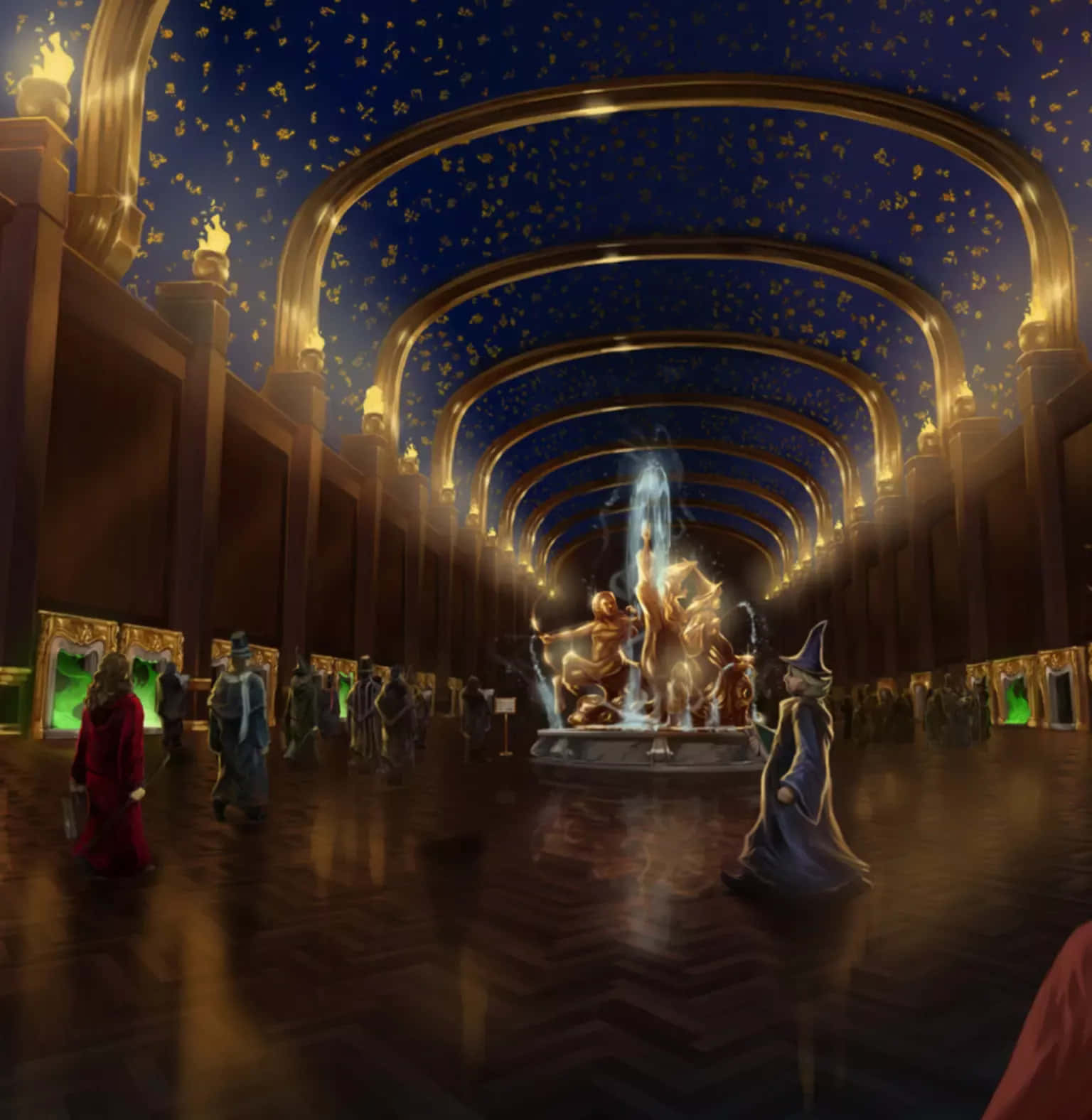 The Ministry Of Magic 桌布 壁紙 — 一個宏偉的大廳，擁有星空藍色天花板和金色拱門，中央有一個發光的魔法噴泉，周圍環繞著穿著長袍的人物，營造出奇幻氛圍。