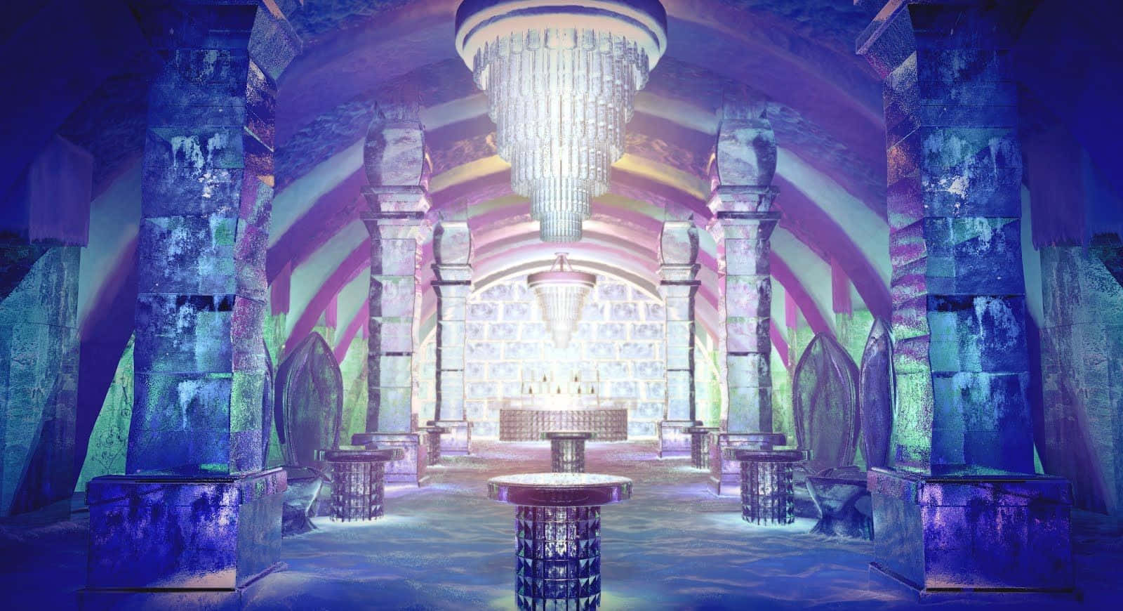 Ice Hotel 桌布 壁紙 — 一個宏偉的大教堂式大廳，閃爍的水晶吊燈和石柱沐浴在紫色和藍色的燈光中。
