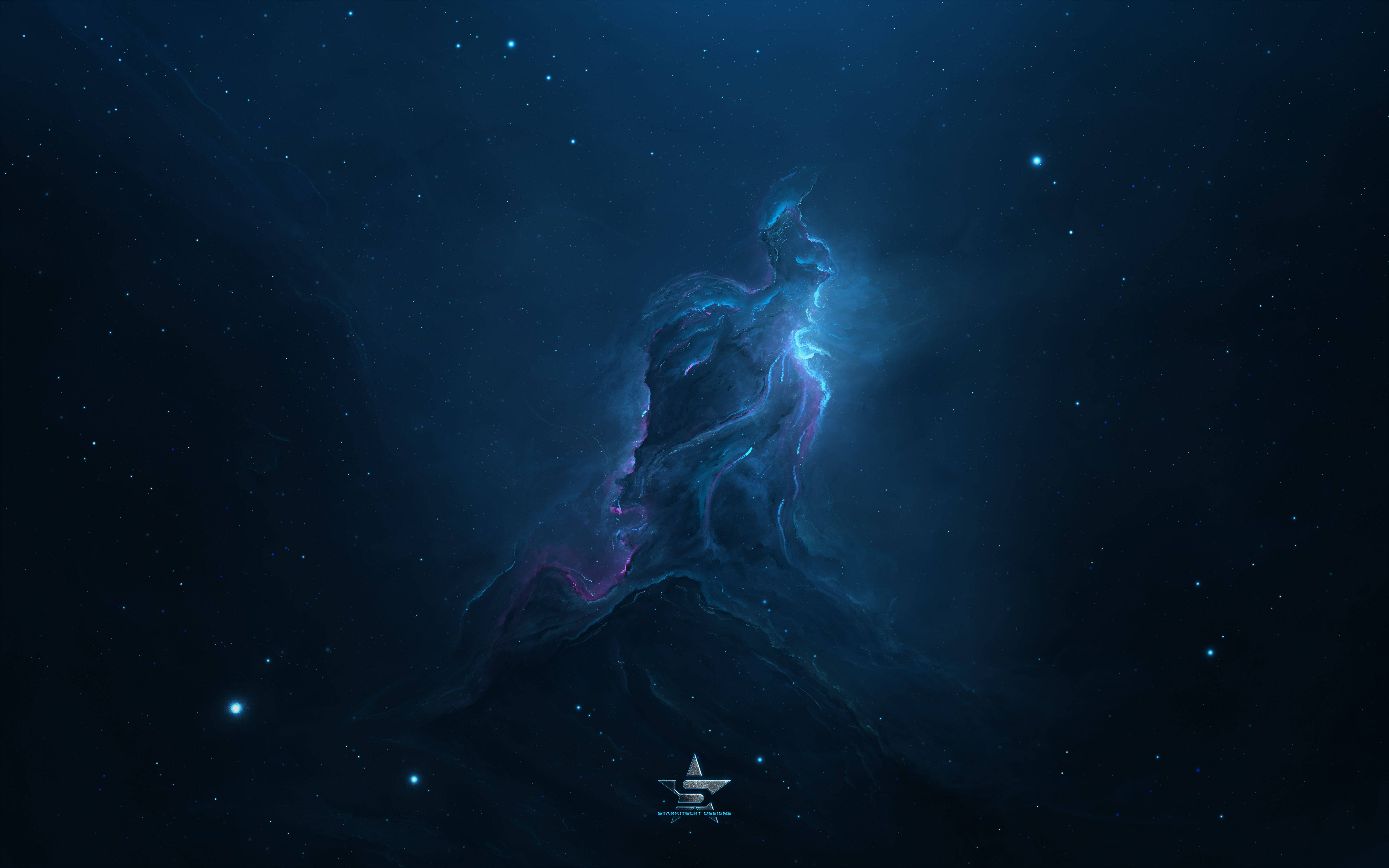 星雲 桌布 壁紙 — 一個宏偉的宇宙柱，由發光的藍色和紫色氣體構成，在深空的星場中聳立。