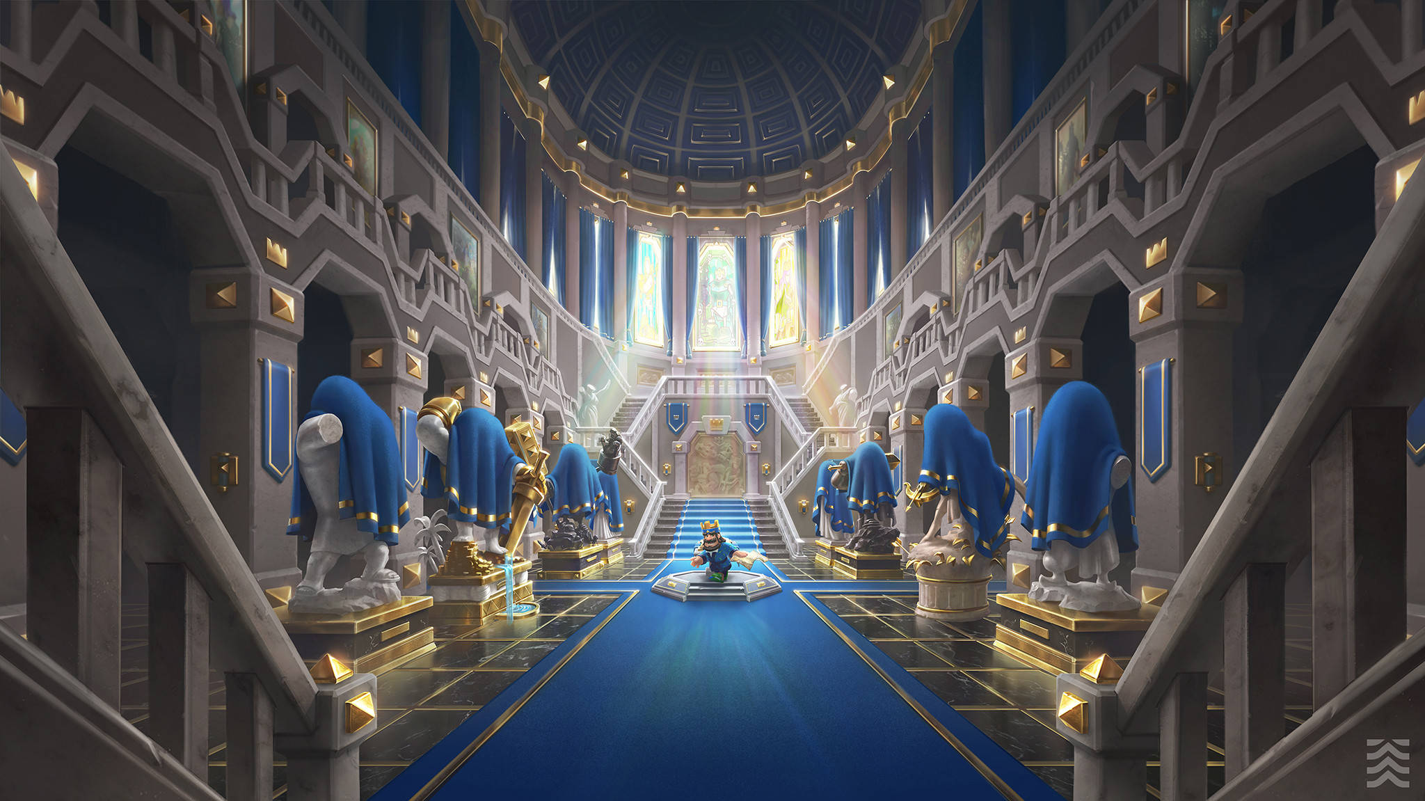 clash royale phone 桌布 壁紙 — 一個宏偉的數位大廳，藍色帷幔雕像兩側排列著中央樓梯，通往彩色玻璃窗下的王座。