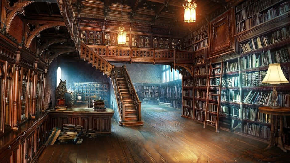 The Hogwarts Library 桌布 壁紙 — 一個宏偉的木質圖書館，擁有高聳的書架、樓梯，以及溫暖的燈籠光線在拋光地板上投下陰影。