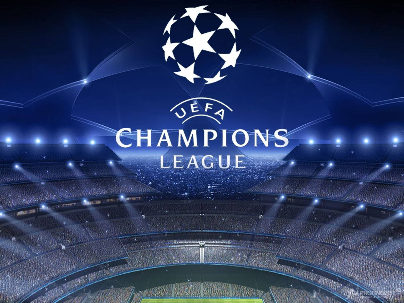 Uefa 桌布 壁紙 — 一個宏偉的歐冠球場，在耀眼藍光下擠滿了歡呼的球迷。