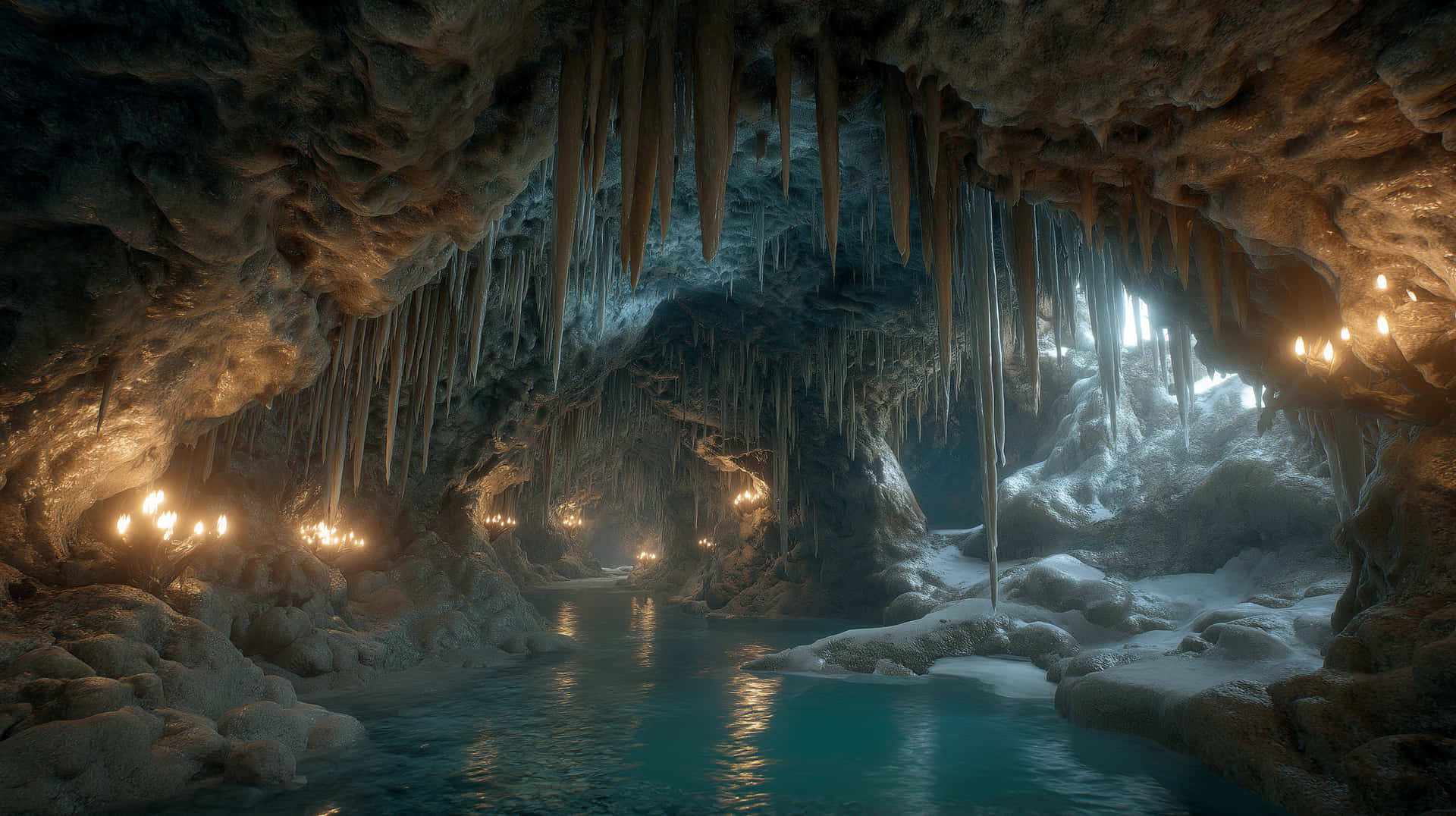 Enchanted Ice Cave with Stalactites and Glowing Water 壁紙 — 一個宏偉的洞穴，發光的蠟燭照亮了寧靜的綠松石水池上方的冰柱。