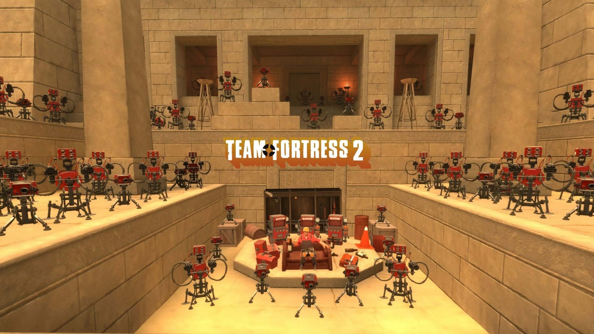 1920x1080 Tf2 桌布 壁紙 — 一個宏偉的石廳，充滿了紅色和黑色的機械哨兵槍，排列成行，圍繞著一個中央休息區。