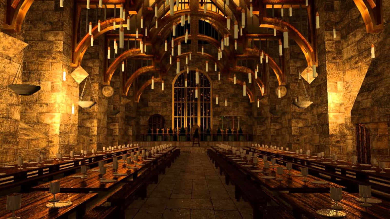 The Hogwarts Great Hall 桌布 壁紙 — 一個宏偉的石廳，拱形天花板上懸掛著蠟燭，照亮了中世紀用餐環境中的長木桌。