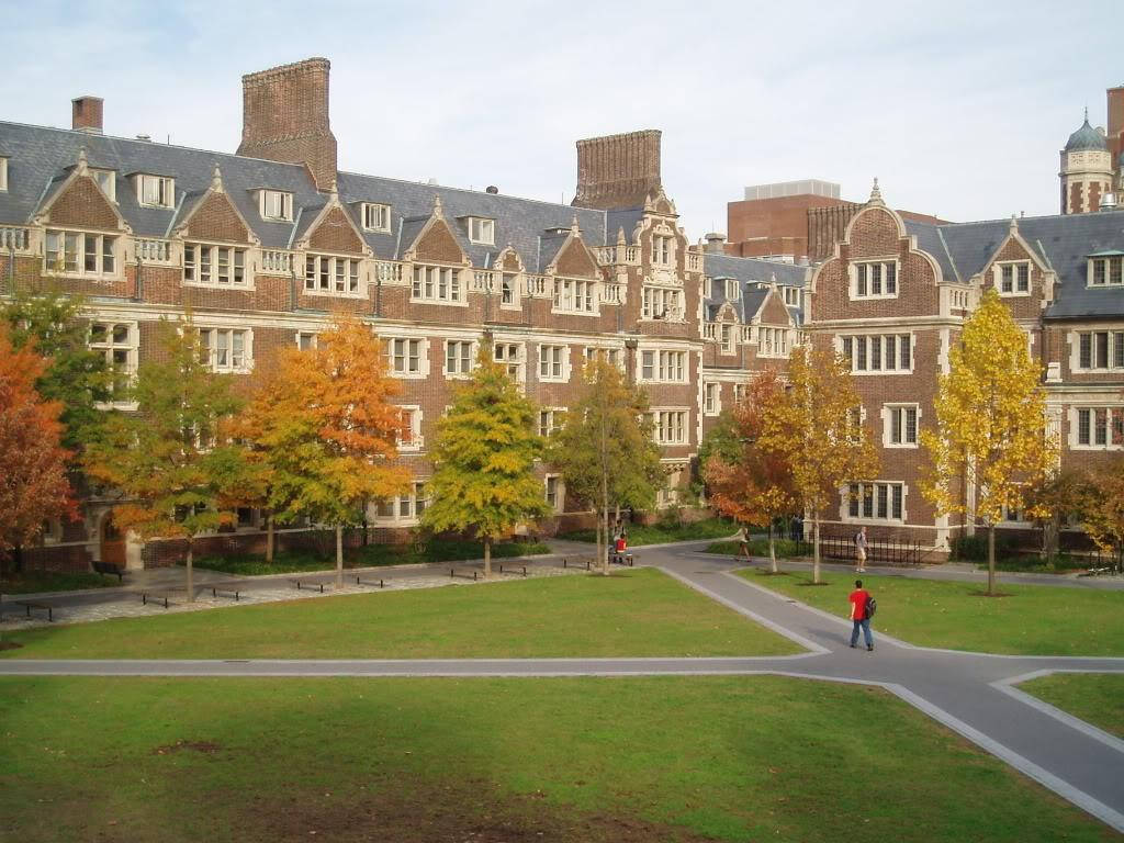University Of Pennsylvania 桌布 壁紙 — 一個宏偉的磚造大學庭院，秋樹成蔭，學生在鋪砌的小徑上漫步，天空柔和。