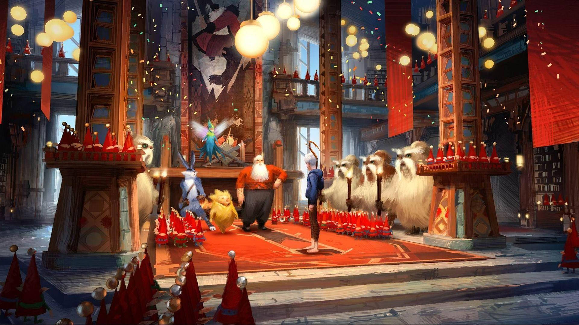 Santa Claus 桌布 壁紙 — 一個宏偉的節日大廳，有戴著紅色圓錐帽的擬人化生物在發光球體和懸掛橫幅下慶祝。