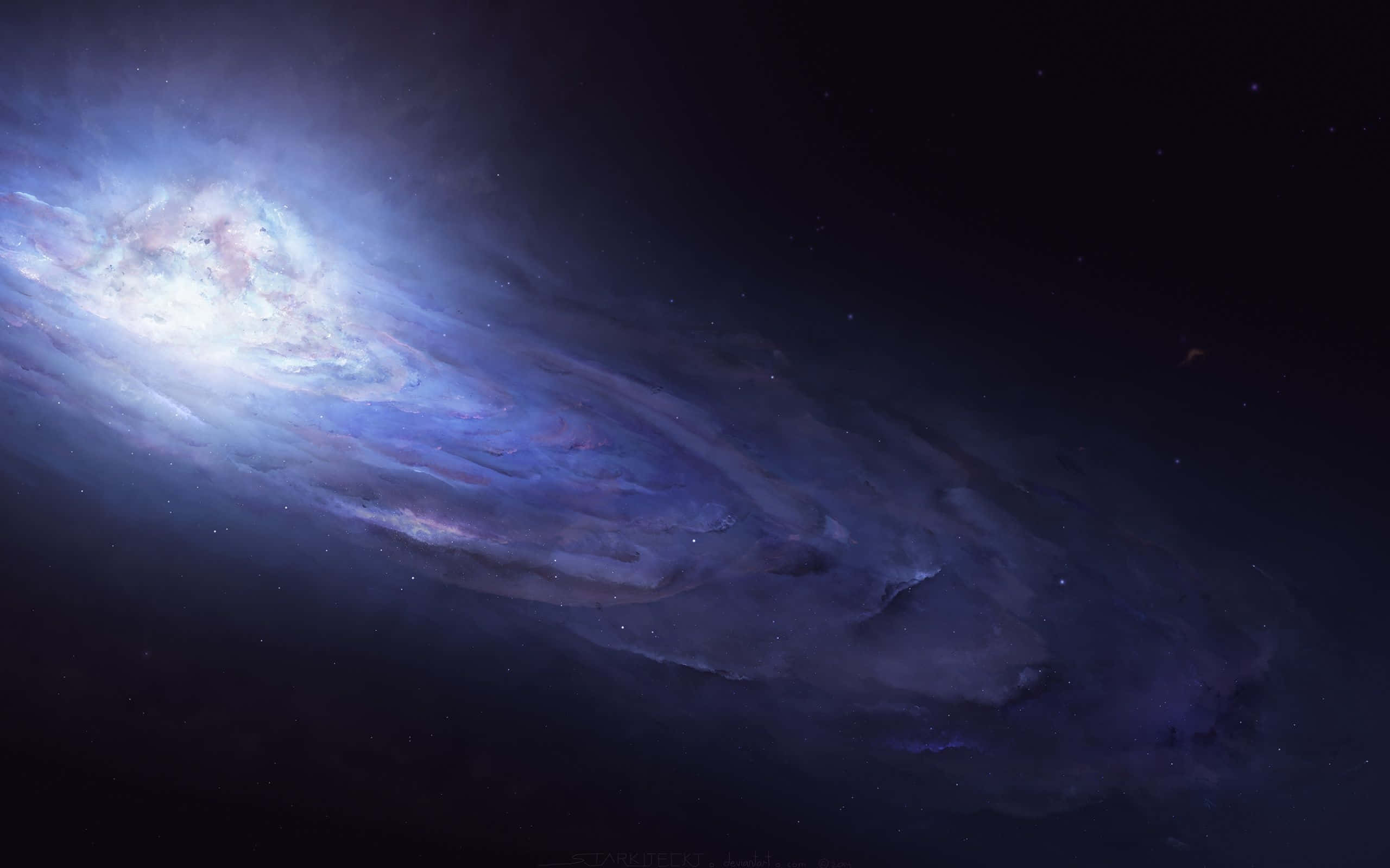 Whirlpool Galaxy 桌布 壁紙 — 一個宏偉的螺旋星系在佈滿星星的宇宙虛空中閃耀著旋轉的藍色和紫色光芒。