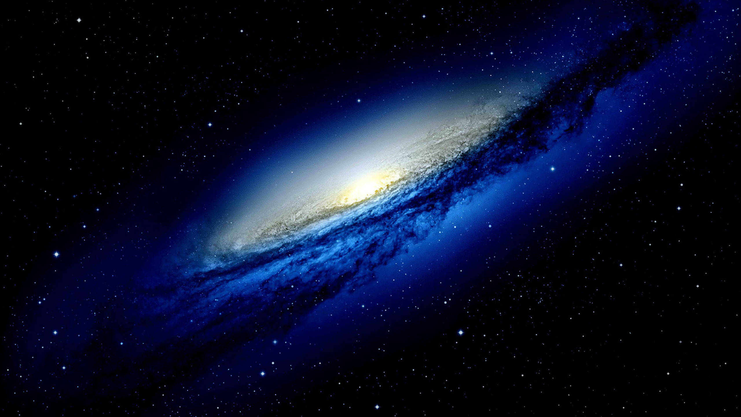 銀河 桌布 壁紙 — 一個宏偉的螺旋星系在深空的星場中閃耀著藍色和金色的色調。