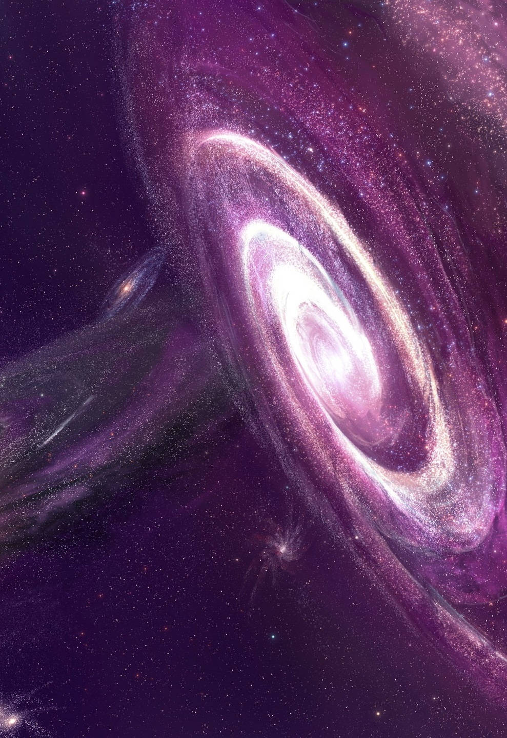 銀河 桌布 壁紙 — 一個宏偉的螺旋星系在深紫色和白色中旋轉，背景是星場，散發著宇宙能量。