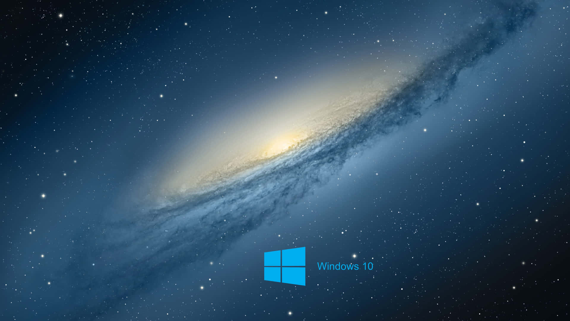 Windows 10 桌布 壁紙 — 一個宏偉的螺旋星系在繁星點點的夜空中旋轉，帶有發光的核心和宇宙塵埃帶。