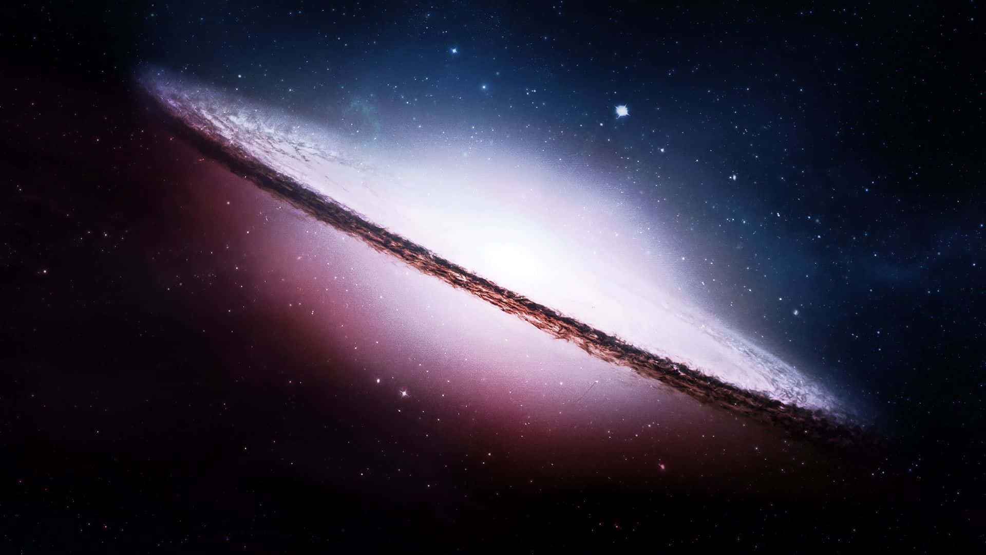 Space Galaxy 桌布 壁紙 — 一個宏偉的螺旋星系在繁星點點的宇宙背景下發出粉紅色和白色的光芒。
