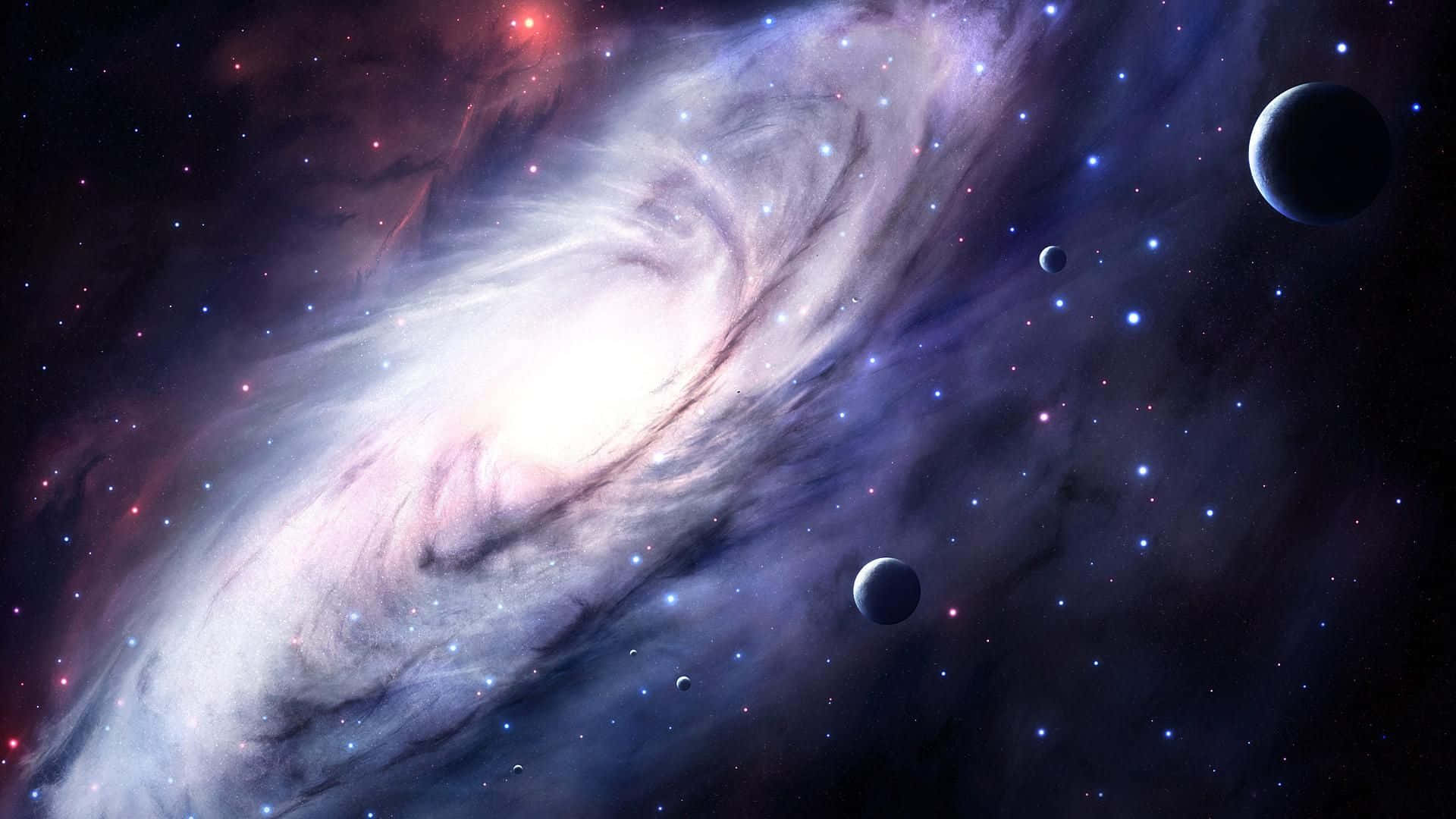 酷炫太空 桌布 壁紙 — 一個宏偉的螺旋星系旋轉著宇宙塵埃和星星，周圍環繞著遙遠的行星，背景是深邃的太空。