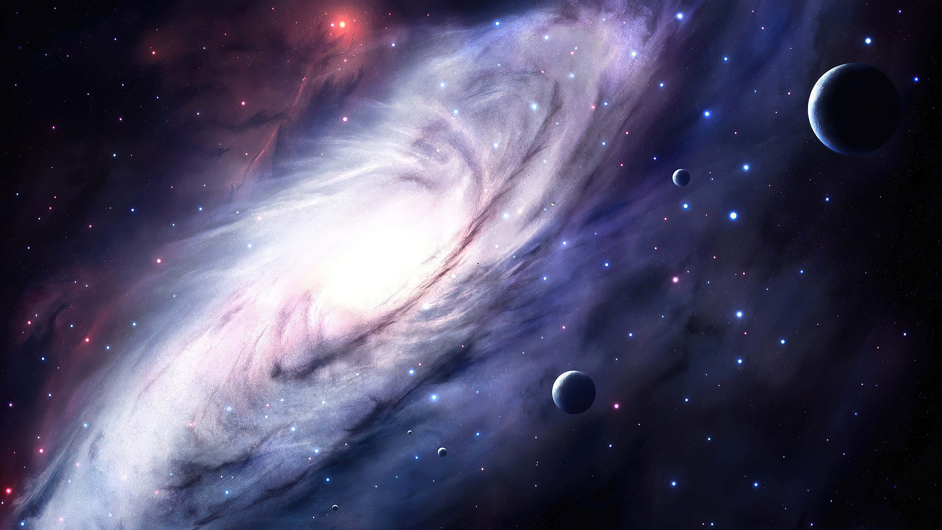 桌布 壁紙 — 一個宏偉的螺旋星系旋轉著宇宙塵埃和發光的恆星，行星在黑暗的太空中漂流。
