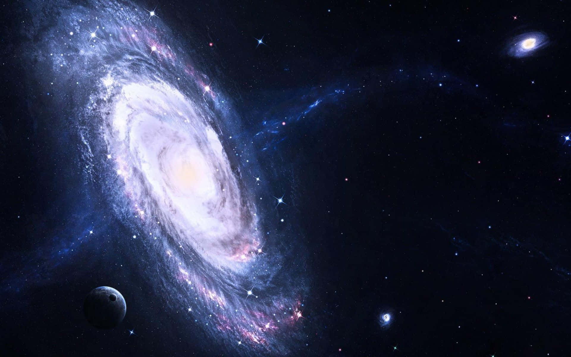 3d Space 桌布 壁紙 — 一個宏偉的螺旋星系旋轉著藍色和粉紅色的星雲，背景是星空，有遙遠的行星和發光的核心。