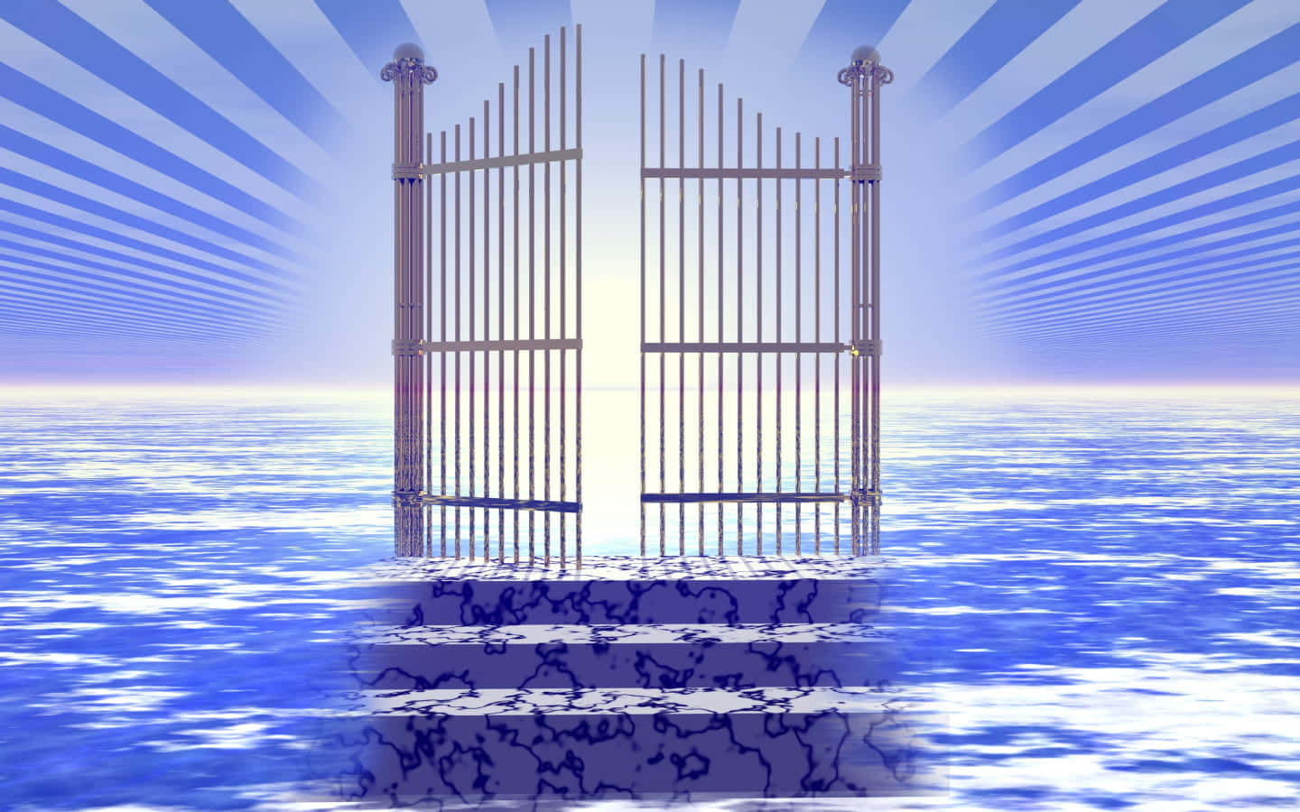 Heaven's Gate 桌布 壁紙 — 一個宏偉的金屬門在一個破裂的平台上敞開，下方是發光的藍色海洋，上方是燦爛的天空。
