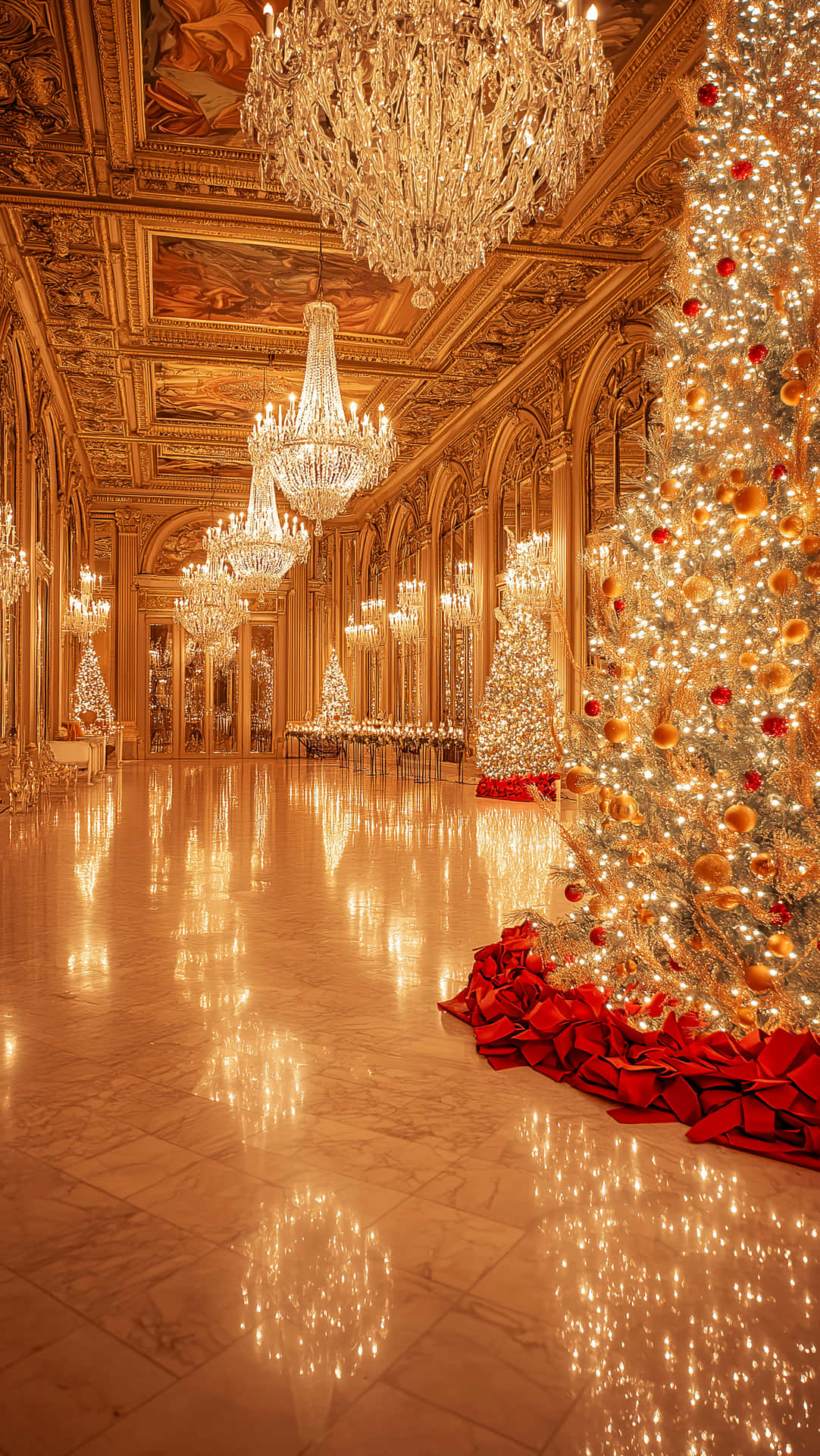 Christmas Wallpapers 壁紙 — 一個宏偉華麗的走廊，配有金色吊燈和一棵高聳的聖誕樹，裝飾著紅色、金色和白色的飾品。