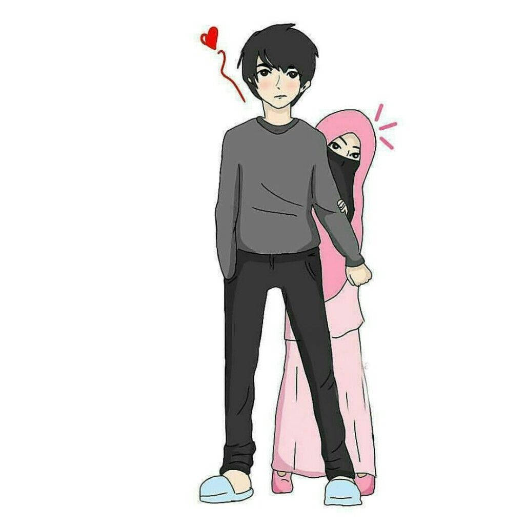 muslim 桌布 壁紙 — 一個害羞的動漫男孩站著，一個戴粉紅色頭巾的女孩躲在他身後，他頭頂上漂浮著一顆心。