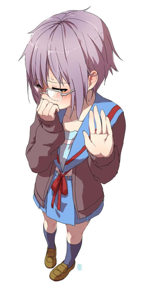 Yuki Nagato 桌布 壁紙 — 一個害羞的紫髮眼鏡動漫女孩，害羞地揮手遮住臉。