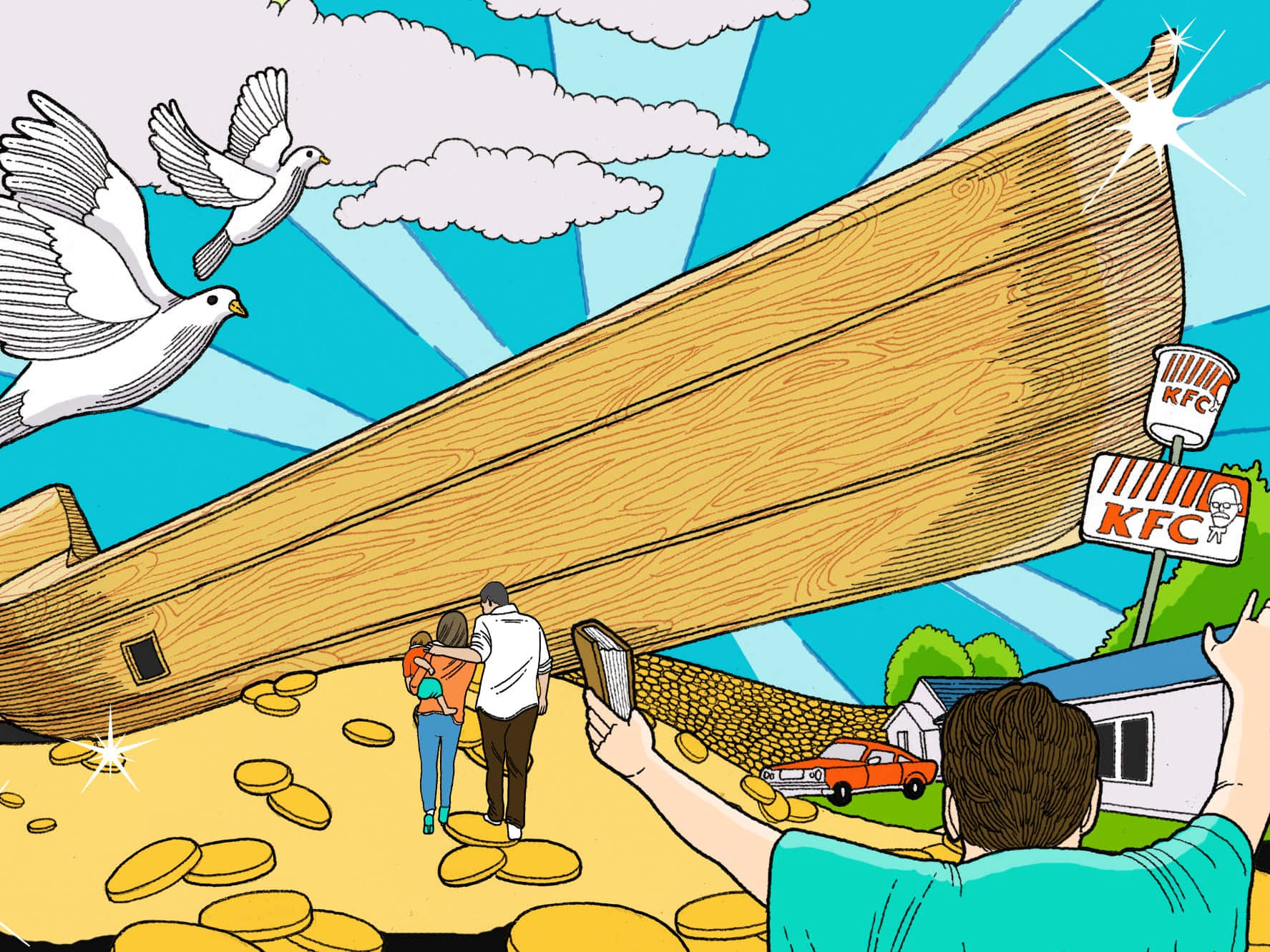 Noah's Ark 桌布 壁紙 — 一個家庭在一個裝滿金幣的巨大木製方舟下行走，而一個人正在拍攝背景中的KFC標誌和紅色汽車。