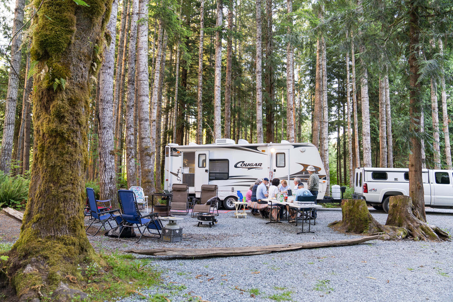 Camp 桌布 壁紙 — 一個家庭在長滿苔蘚的森林空地上，圍坐在一張桌子旁，旁邊是一輛Cougar露營車和皮卡車。