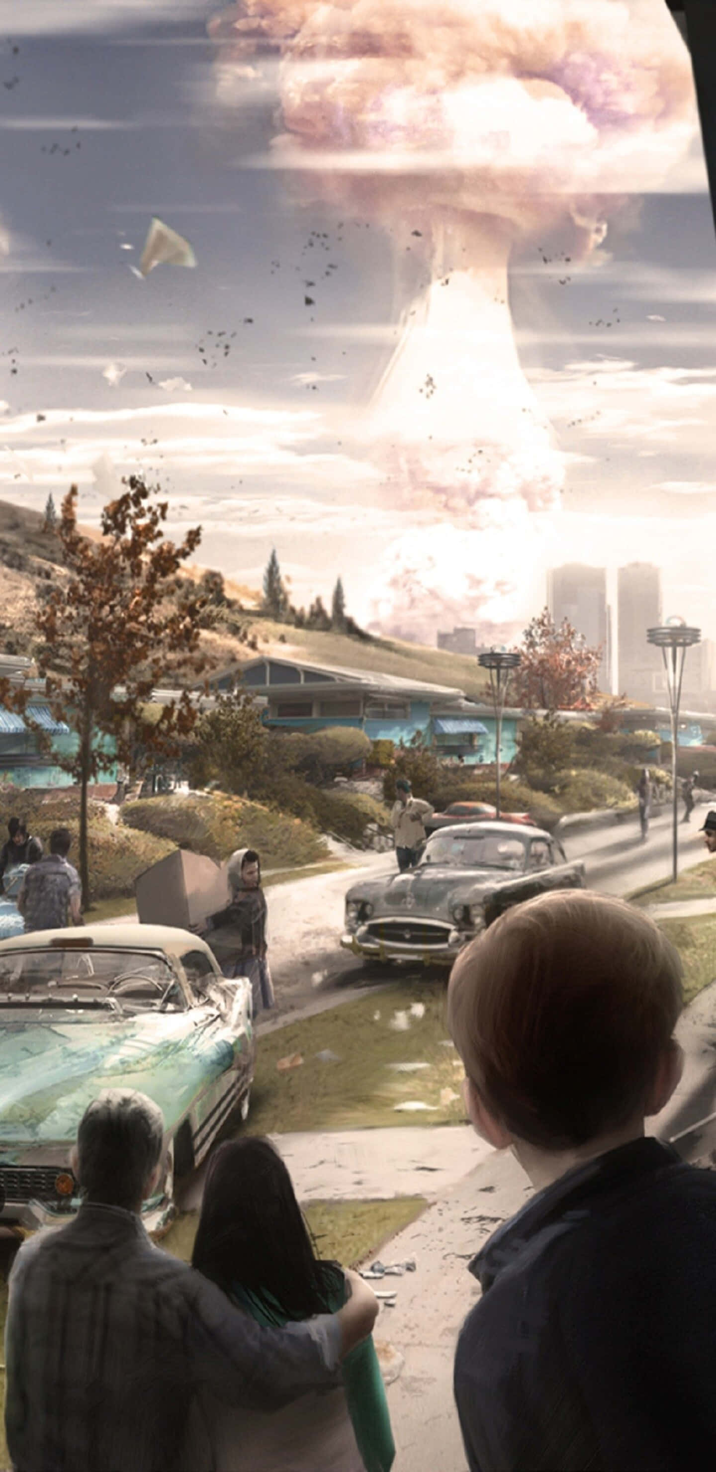 Pixel 3xl Fallout 76 桌布 壁紙 — 一個家庭觀看巨大的核爆炸在郊區街道上升起，街道上有復古汽車和掉落的碎片。