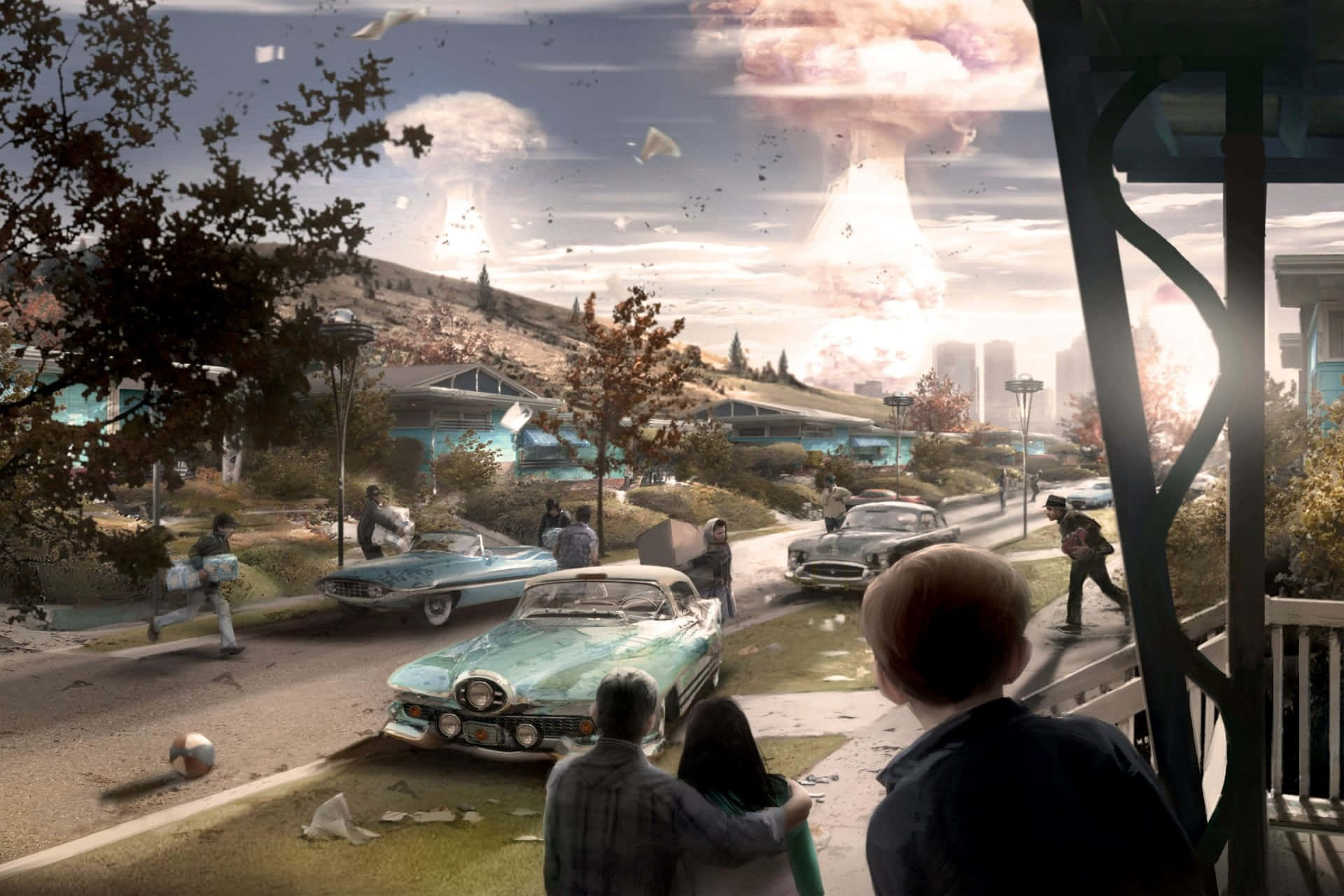 Fallout Nuke 桌布 壁紙 — 一個家庭觀看核爆炸在郊區街道上升起，街道上有老爺車和墜落的碎片。