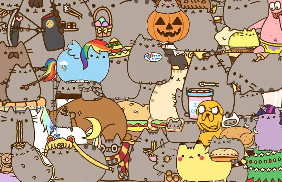 pusheen 動圖 桌布 壁紙 — 一個密集、色彩繽紛的拼貼畫，包含各種服裝和姿勢的卡通貓和角色。