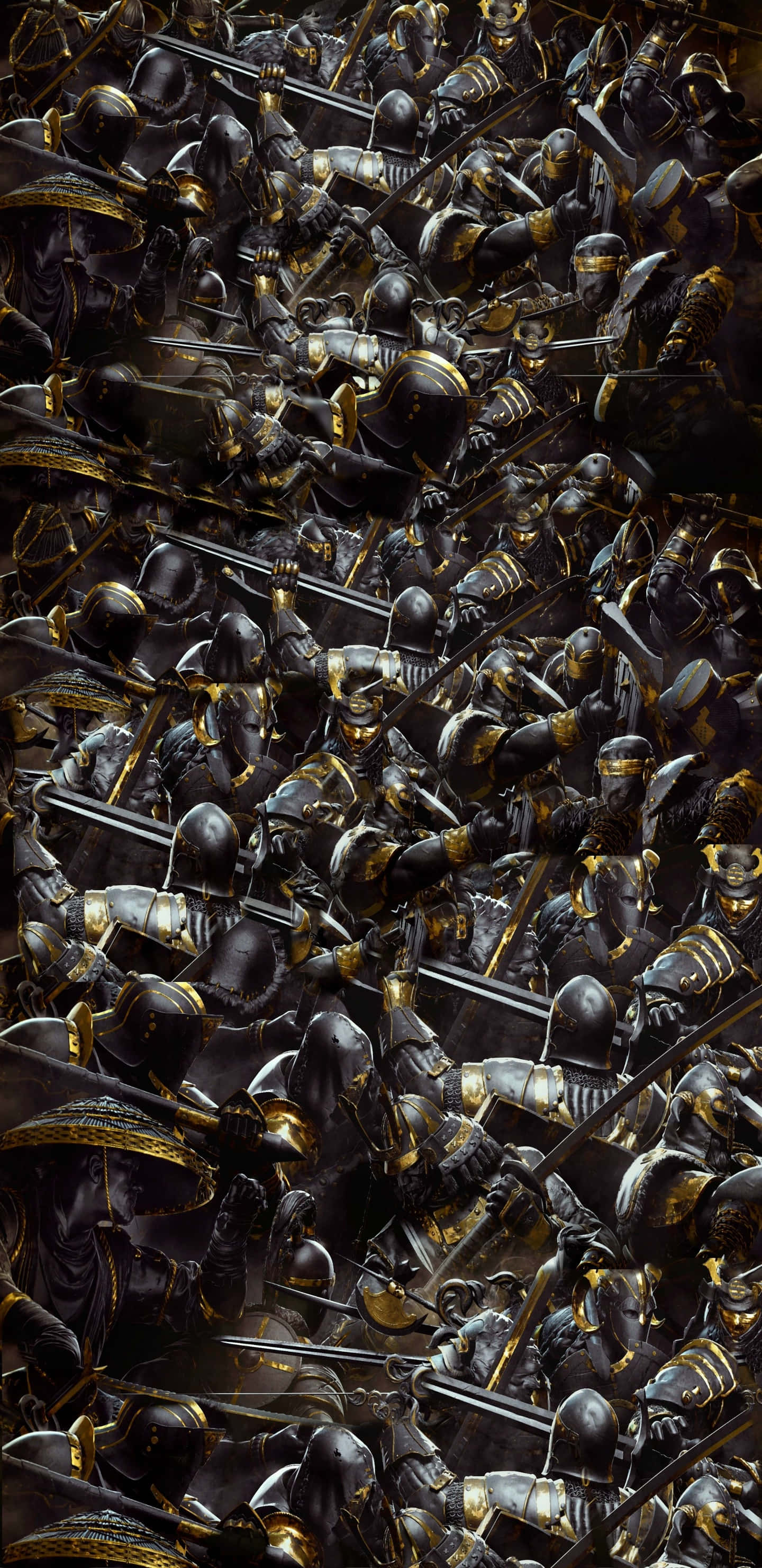 For Honor 桌布 壁紙 — 一個密集混亂的戰鬥場景，充滿了身穿黑色和金色盔甲、揮舞著劍的武士。