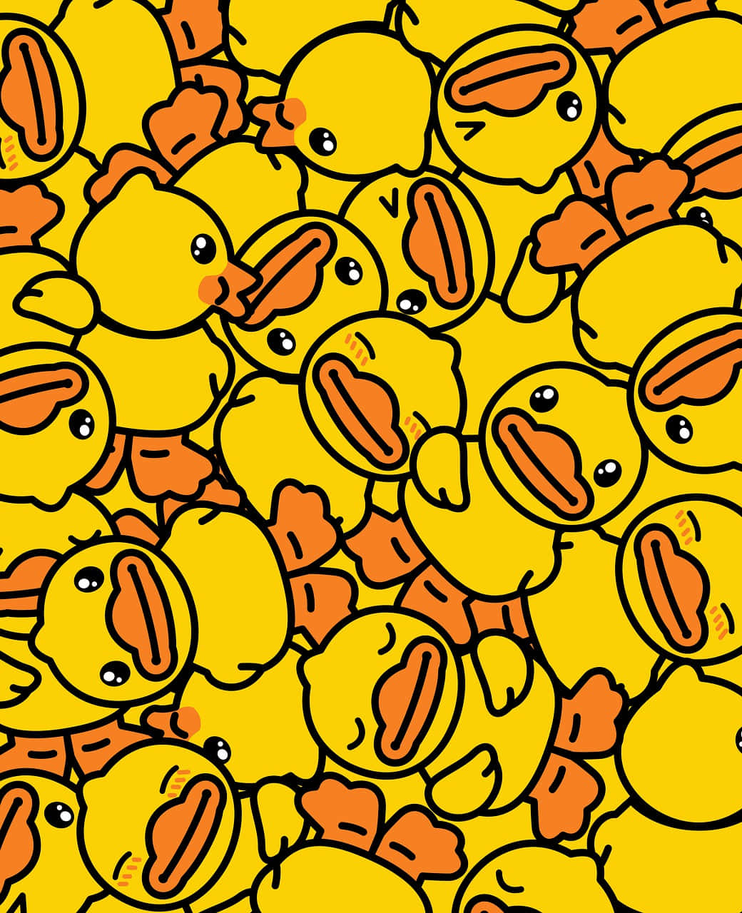 Cute Cartoon 桌布 壁紙 — 一個密集的卡通橡膠鴨圖案，帶有橙色喙和黑色輪廓，以俏皮的重複設計填滿畫面。