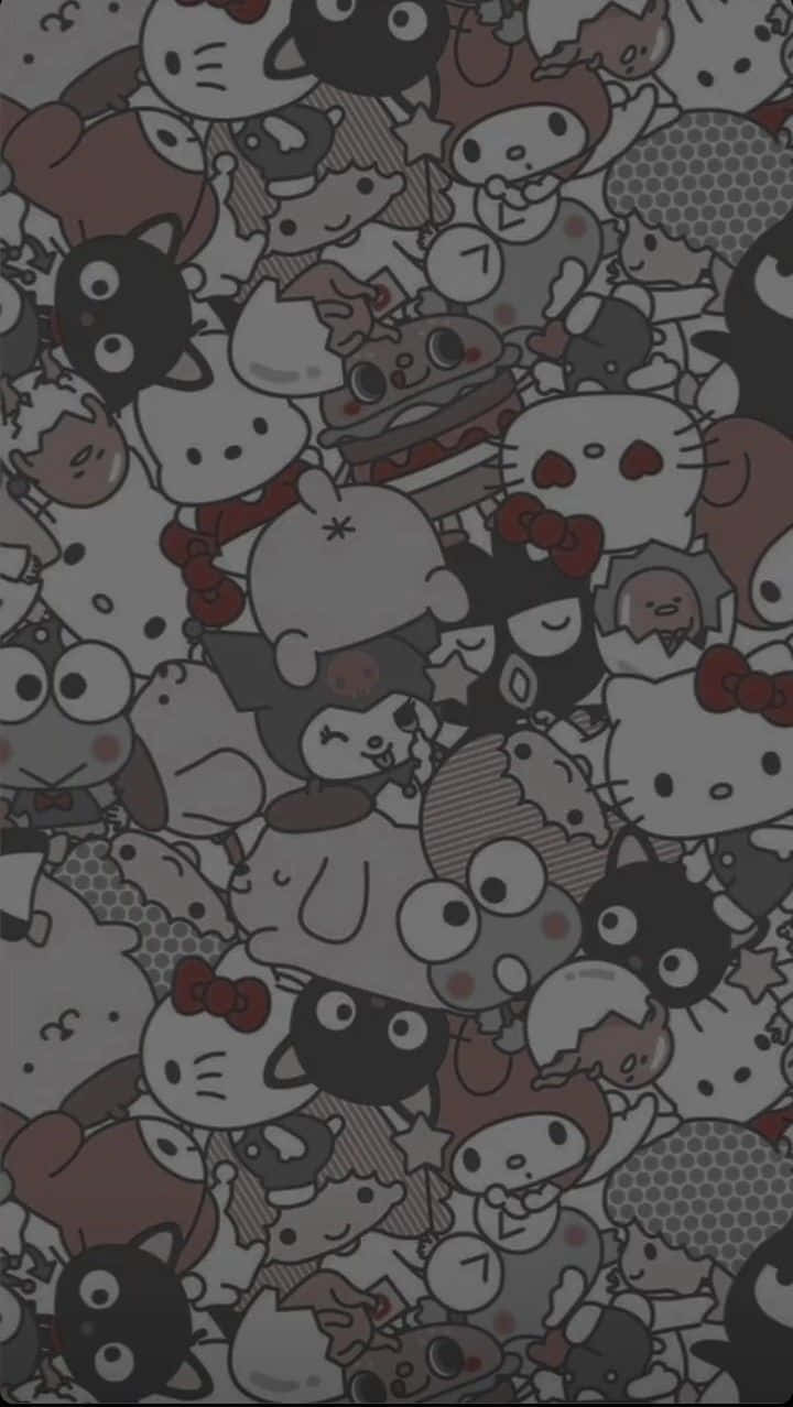 藝術 桌布 壁紙 — 一個密集的卡通角色圖案，像是Hello Kitty和My Melody，以灰階搭配紅色點綴。