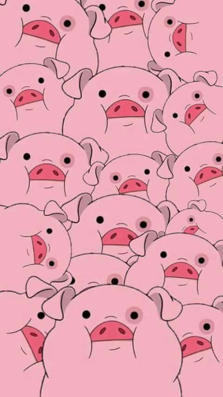Piggy 桌布 壁紙 — 一個密集的可愛卡通豬圖案，粉紅色皮膚和鼻子，填滿框架，背景是柔和的粉紅色。