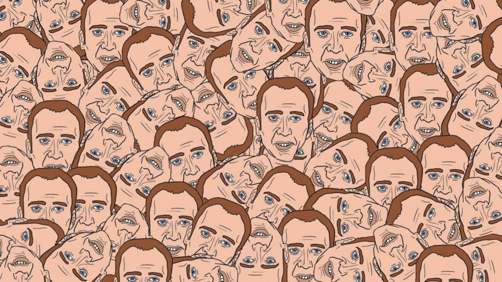 nicolas cage meme 桌布 壁紙 — 一個密集的圖案，由相同的卡通面孔（藍眼睛、棕色頭髮）組成，重複的插圖填滿了框架。