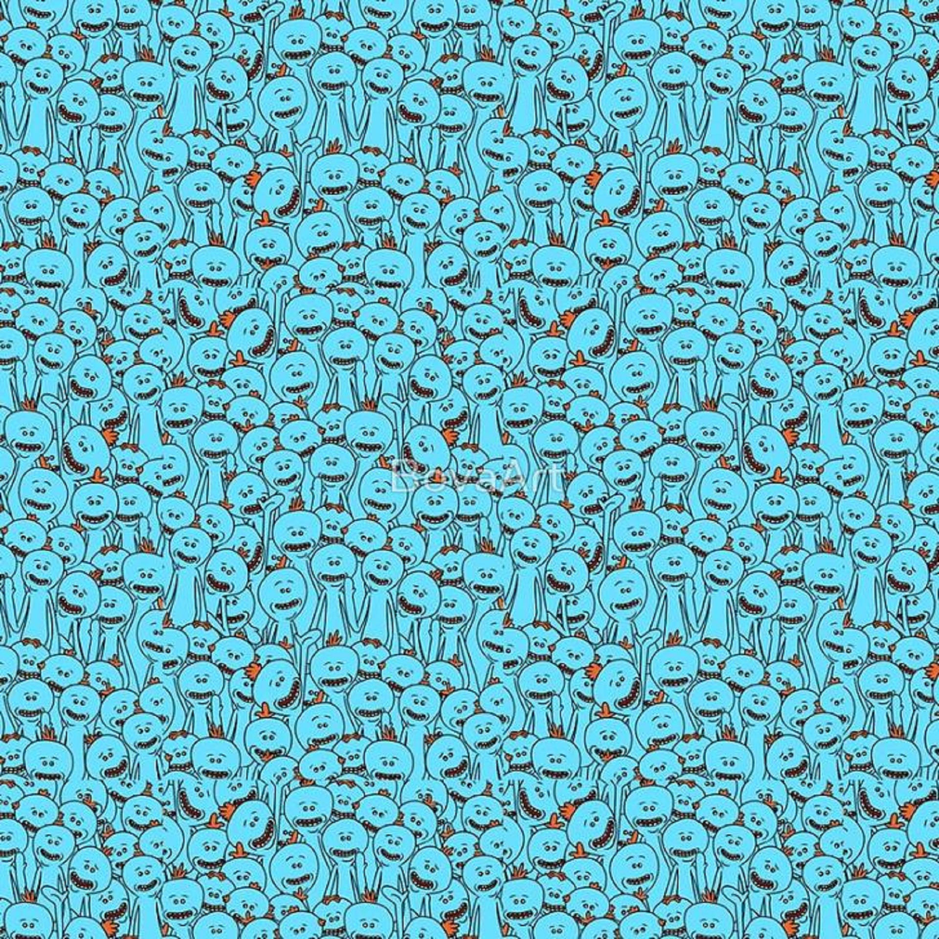 Meeseeks 桌布 壁紙 — 一個密集的圖案，由相同的藍色卡通角色組成，有橙色頭髮和寬闊的笑容，填滿了整個畫面。