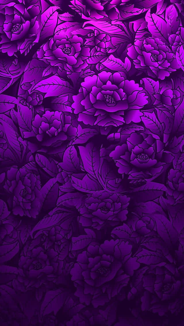 640x1136 桌布 壁紙 — 一個密集的圖案，由風格化的紫色花朵和葉子組成，帶有深色陰影和粗線條輪廓。