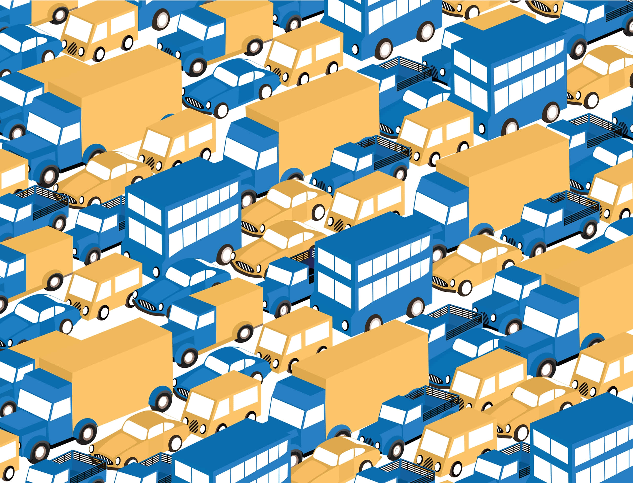 Car Pattern 桌布 壁紙 — 一個密集的圖案，藍色和黃色風格化的汽車緊密排列在重複的幾何網格中。