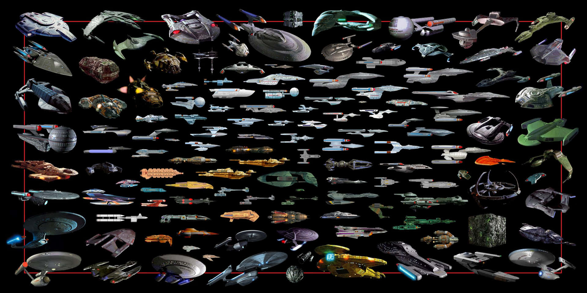 Starship 桌布 壁紙 — 一個密集的拼貼畫，展示各種科幻星艦漂浮在帶有紅色網格線的黑色虛空中。