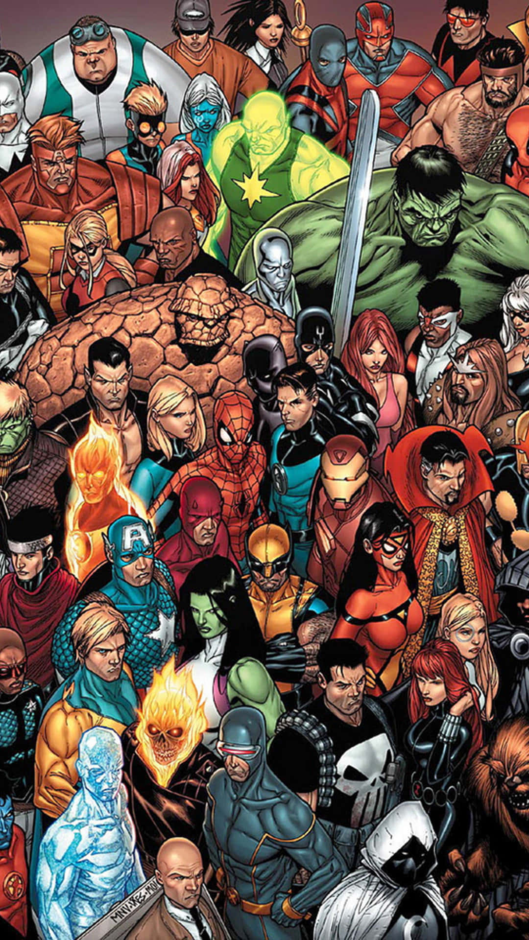 Marvel Comic Book 桌布 壁紙 — 一個密集的漫畫書面板，展示了數十個標誌性的超級英雄和反派，以動態姿勢呈現，色彩大膽，服裝細節豐富。