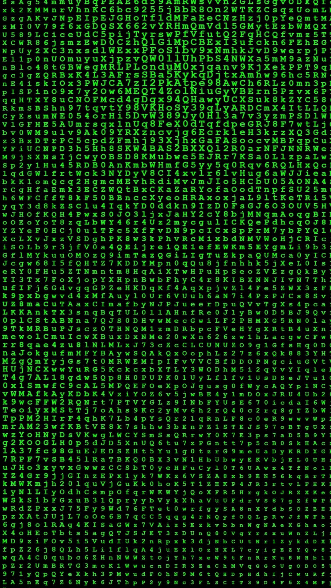 桌布 壁紙 — 一個密集的發光綠色字母數字字元垂直級聯在黑色背景上的場域。