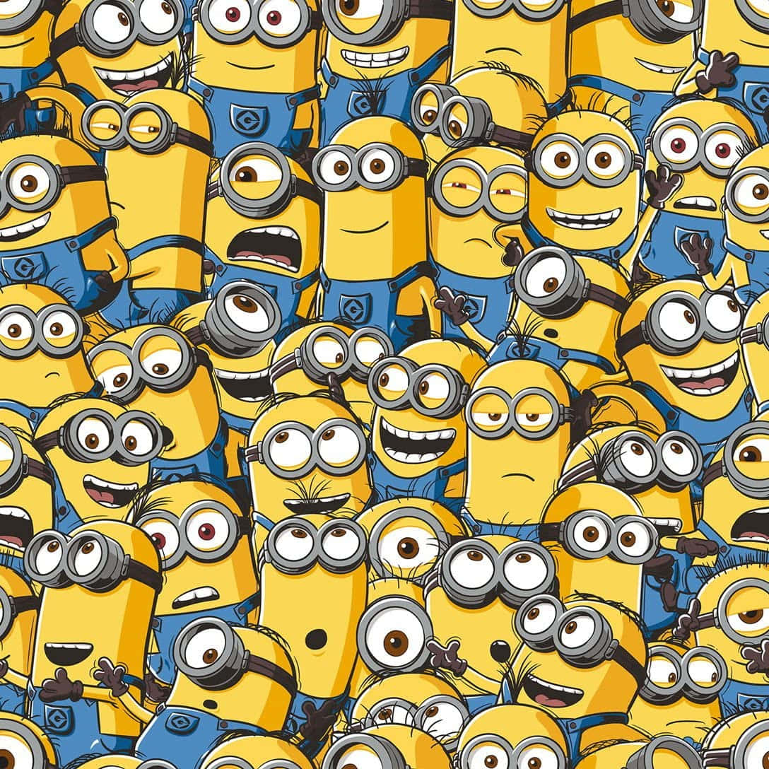 Minion 桌布 壁紙 — 一個密集的黃色小小兵圖案，他們穿著藍色吊帶褲和護目鏡，展示各種頑皮和搗蛋的表情。