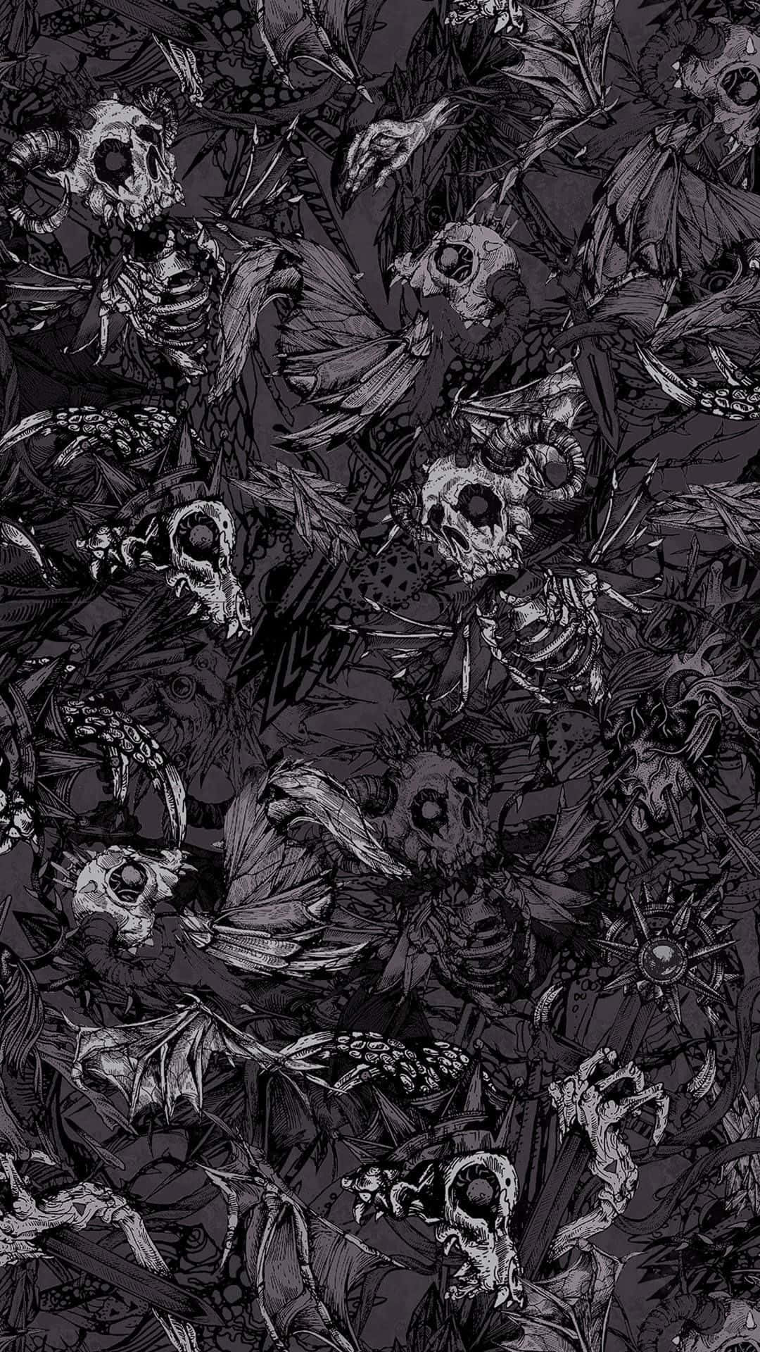 Cute Gothic 桌布 壁紙 — 一個密集的黑暗圖案，包含骷髏頭、蝙蝠和骨骼生物，以精細的黑白線條藝術呈現。