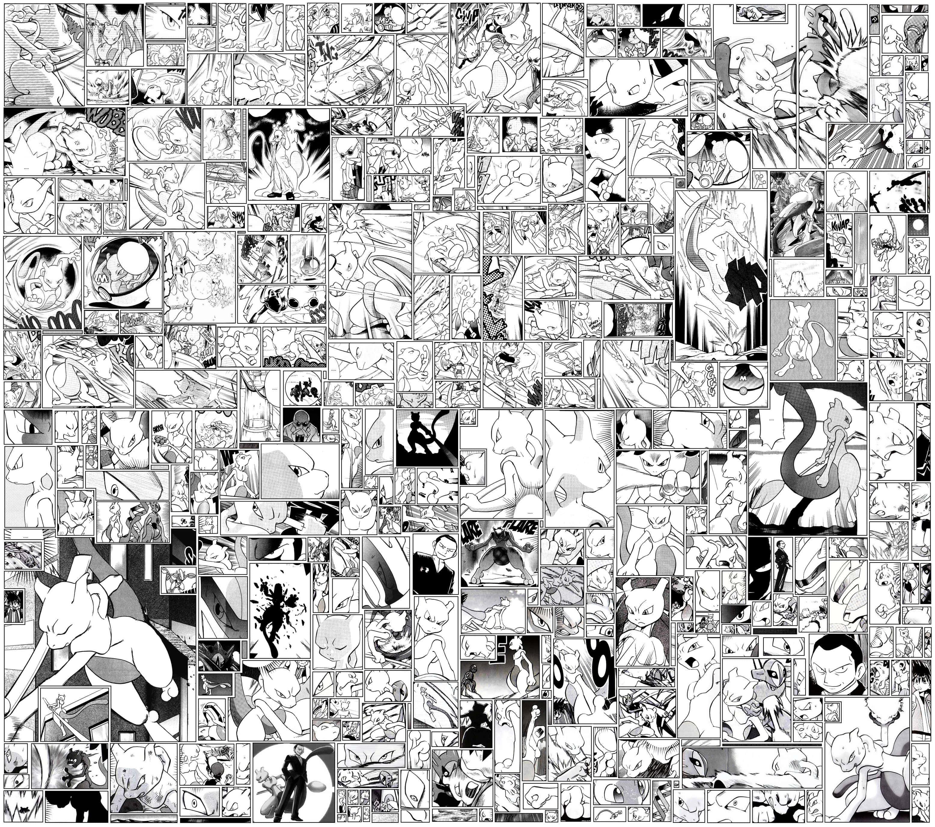 Manga Pages 桌布 壁紙 — 一個密集的黑白拼貼畫，包含多個寶可夢漫畫面板，展示不同角色在多個框架中的動態姿勢。