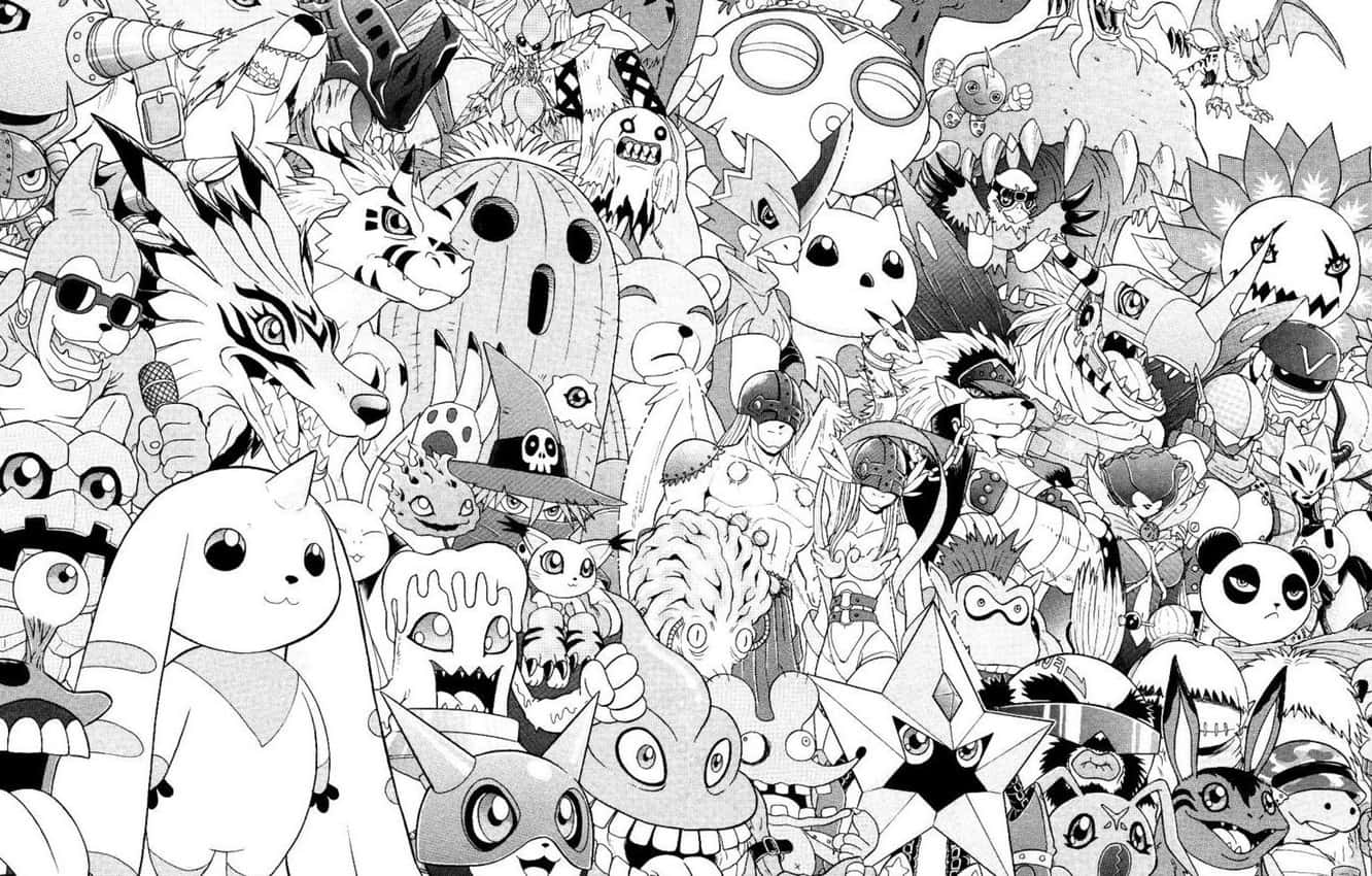 Manga Pages 桌布 壁紙 — 一個密集的黑白漫畫面板，充滿數十種不同的數碼寶貝角色，擺出動態姿勢。