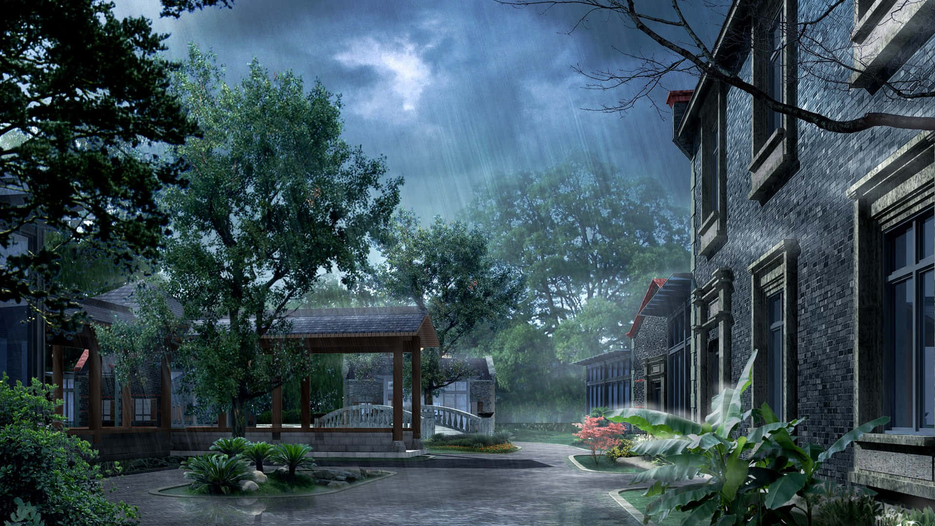 Japan Landscape 桌布 壁紙 — 一個寧靜庭院中的霧雨傍晚，有石頭建築、茂密綠植和一個木製涼亭，天空陰暗多雲。
