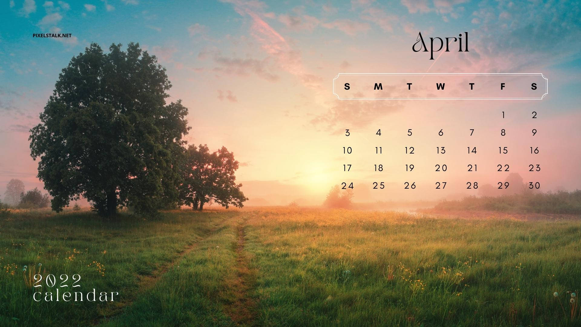 April 桌布 壁紙 — 一個寧靜的2022年4月月曆，疊加在霧氣瀰漫的日出田野上，有一條蜿蜒的小路和兩棵樹。