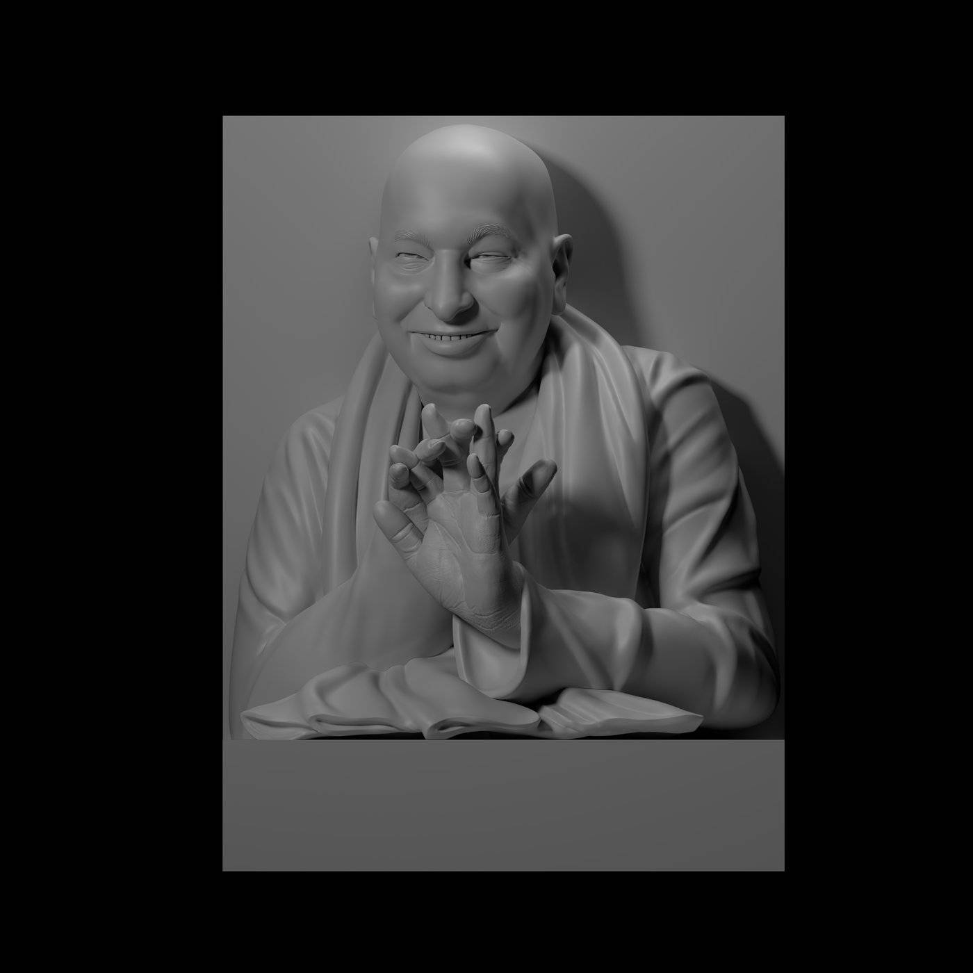 guru nanak dev ji 桌布 壁紙 — 一個寧靜的3D渲染僧侶雕像，面帶溫柔微笑，雙手合十祈禱，背景為純灰色。