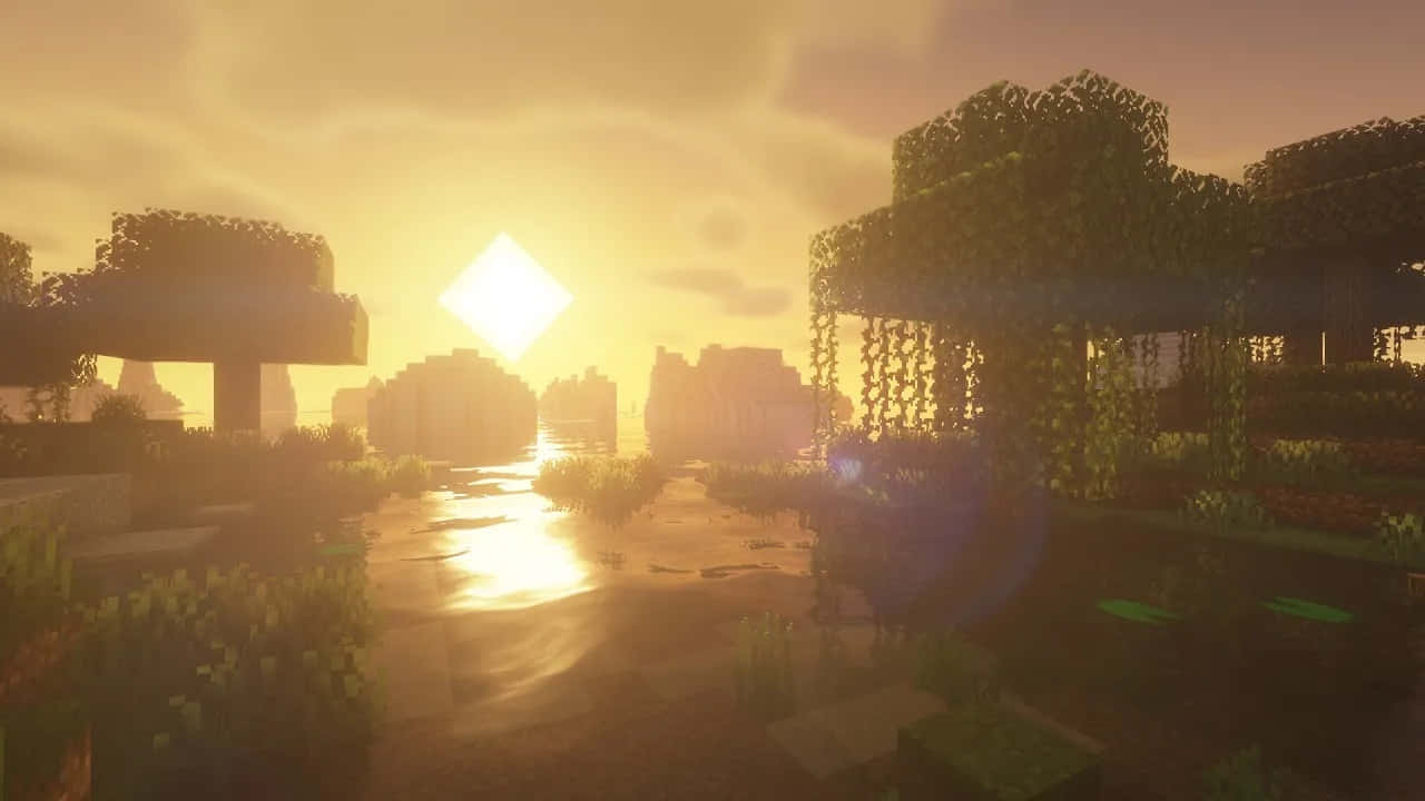 桌布 壁紙 — 一個寧靜的Minecraft日落，有發光的鑽石太陽、方塊樹木，以及反射溫暖金色光線的水面。